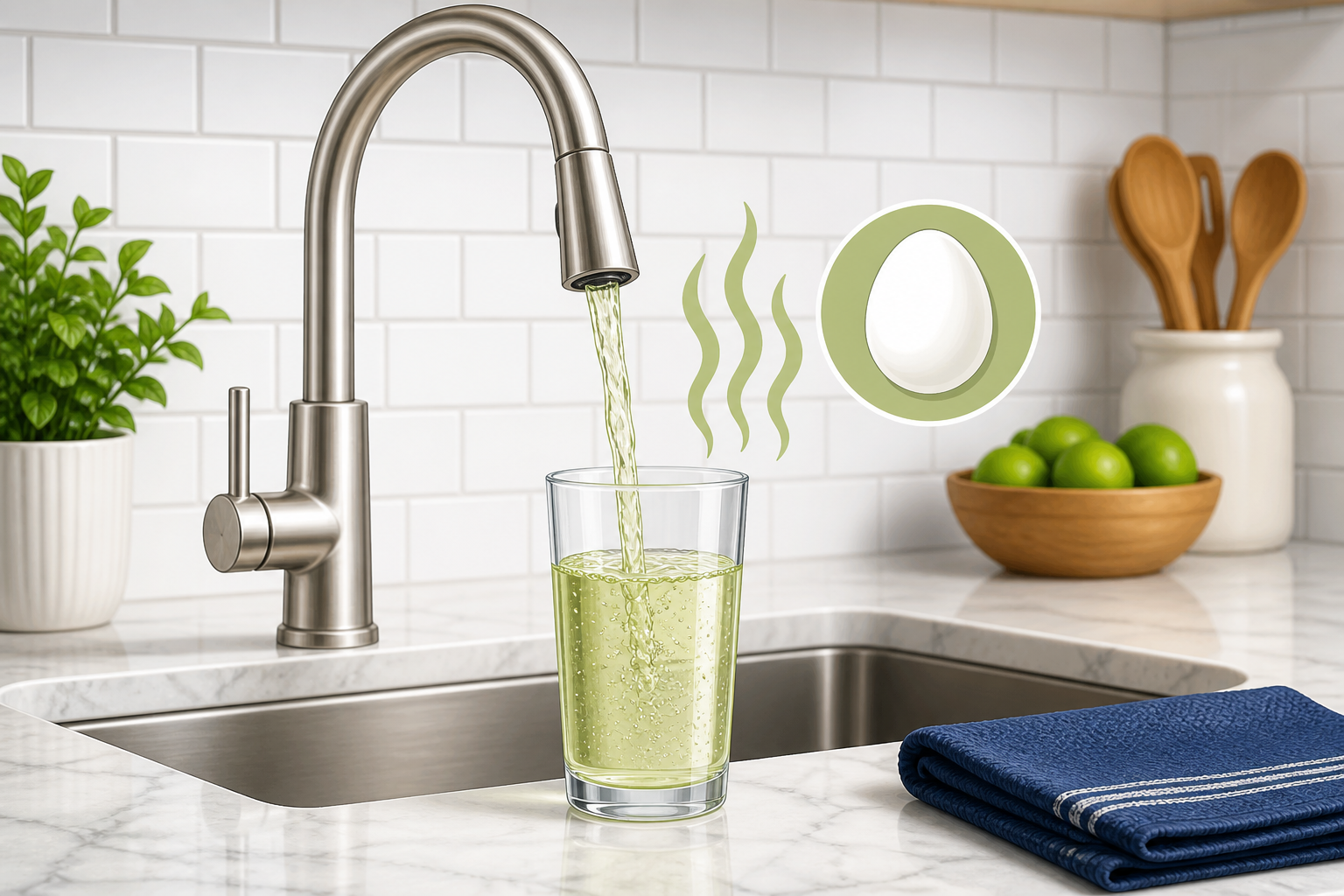 Illustrated kitchen faucet pouring yellowish water into a glass, with a rotten-egg smell cue.