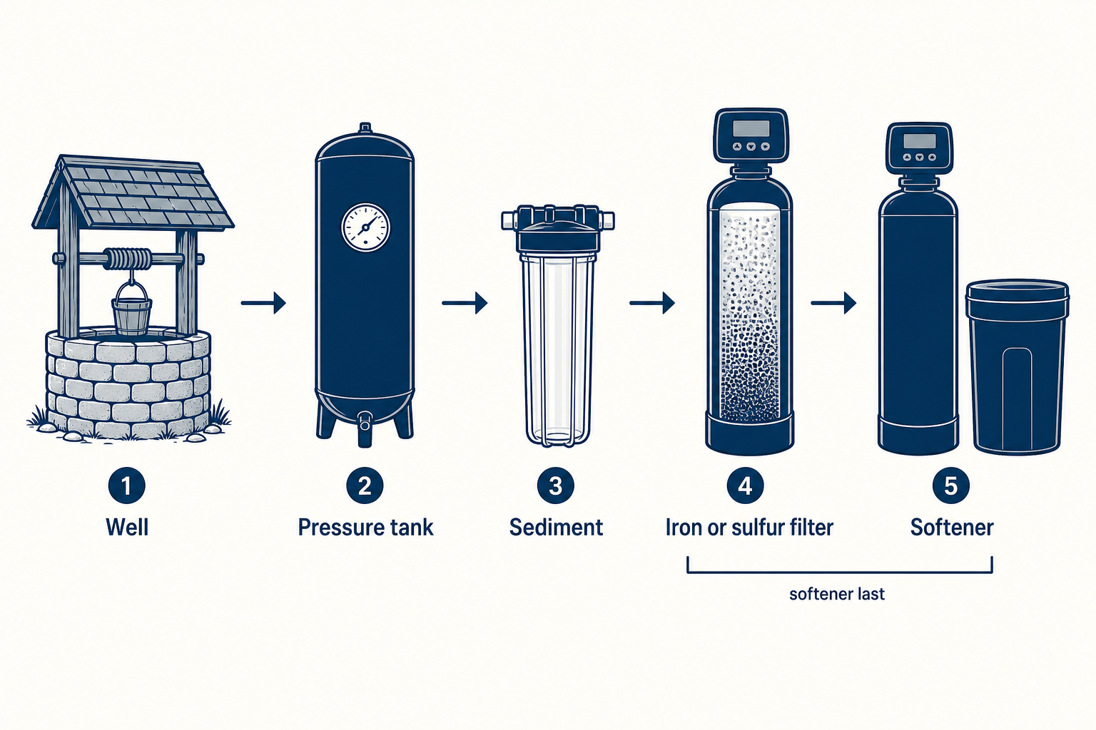Illustrated treatment order with the softener last, after the iron or sulfur filter.